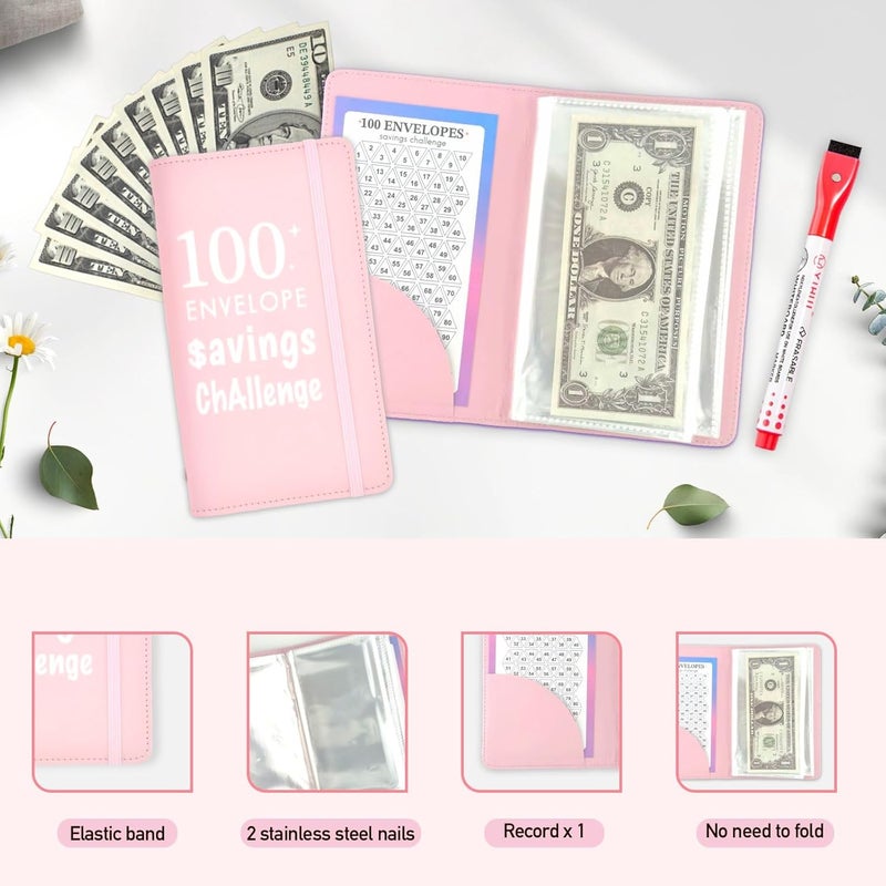 gusutide 100 Envelope Savings Challenge Binder, Money Saving Binder with Cash Envelopes, from 30 Days to 52 Weeks, to Save $500,$5,050 and $10,000, back to school supplies,gift for children (light pink-A6) - Image 3